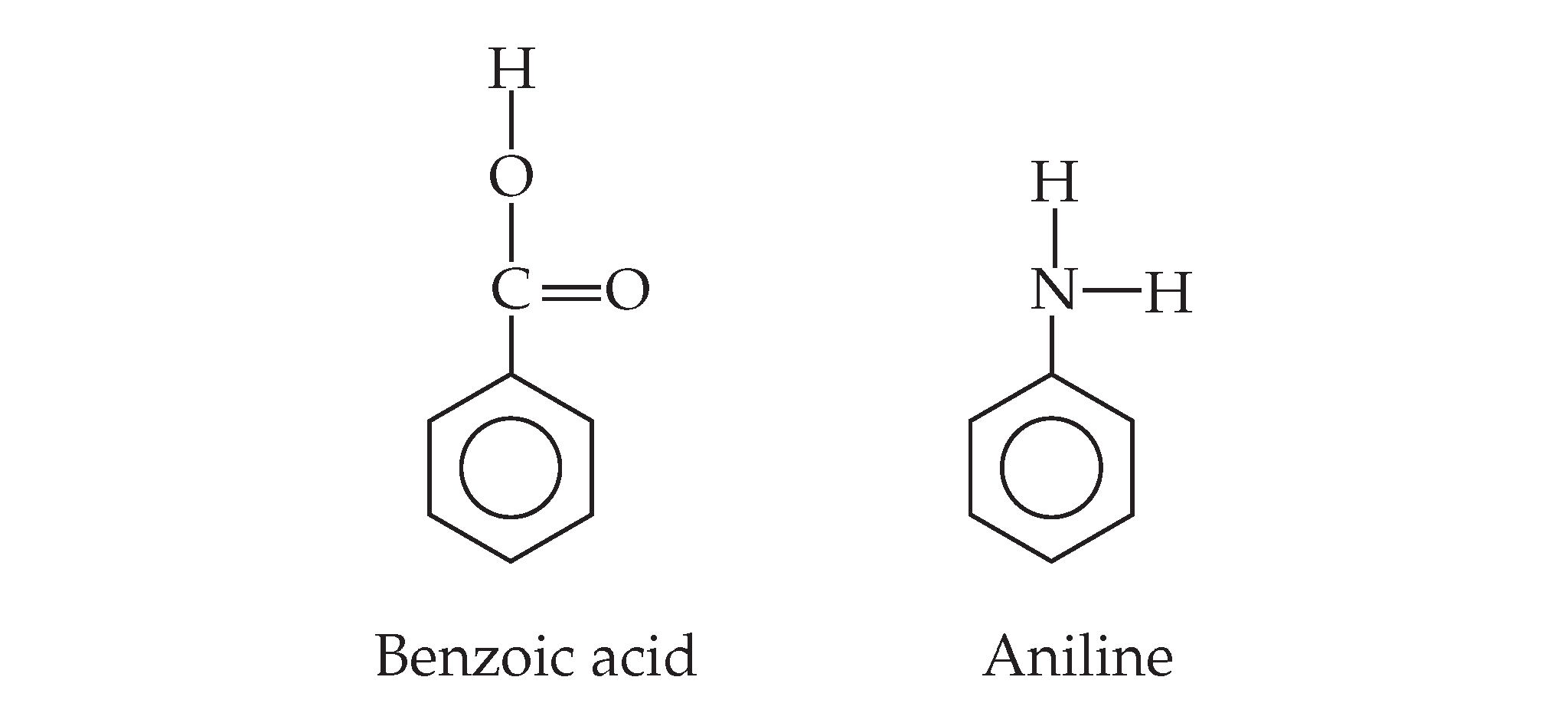 A diagram shows the chemical structure of benzoic acid and aniline.